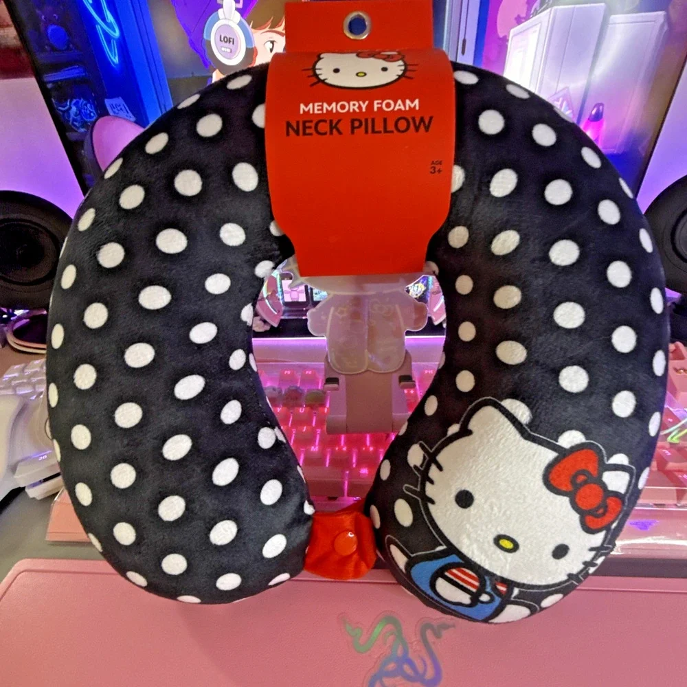 Hello Kitty Neck Pillow Black White Dot Memory Foam Snap Travel Cute 2025 Sanrio